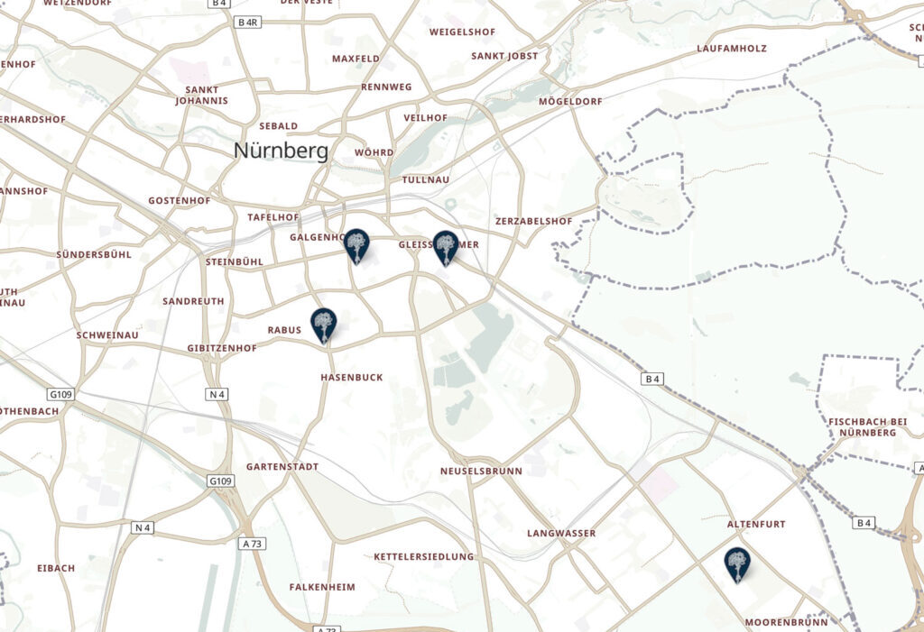 Karte von Stadt Nürnberg mit Tat- und Gedenkorten.