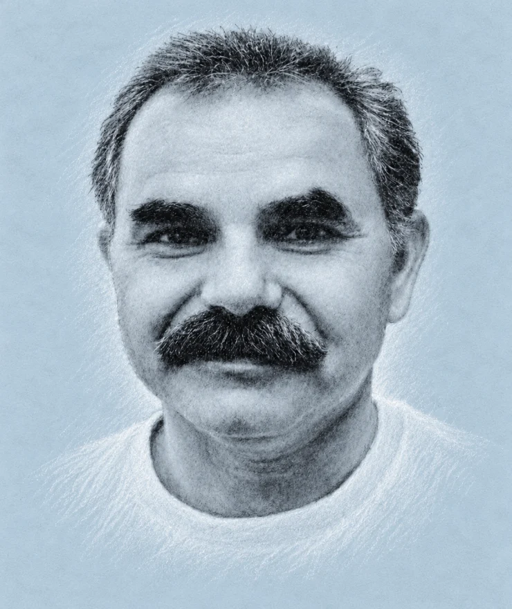 Kreidezeichnung von İsmail Yaşar auf hellblauem Hintergrund